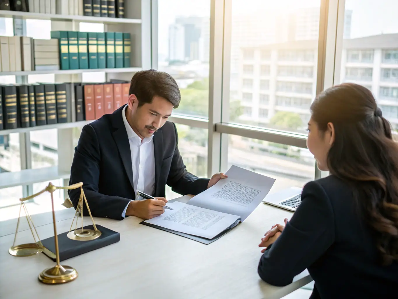 A professional lawyer discussing documents with a client in an office setting, representing labor law consultation.