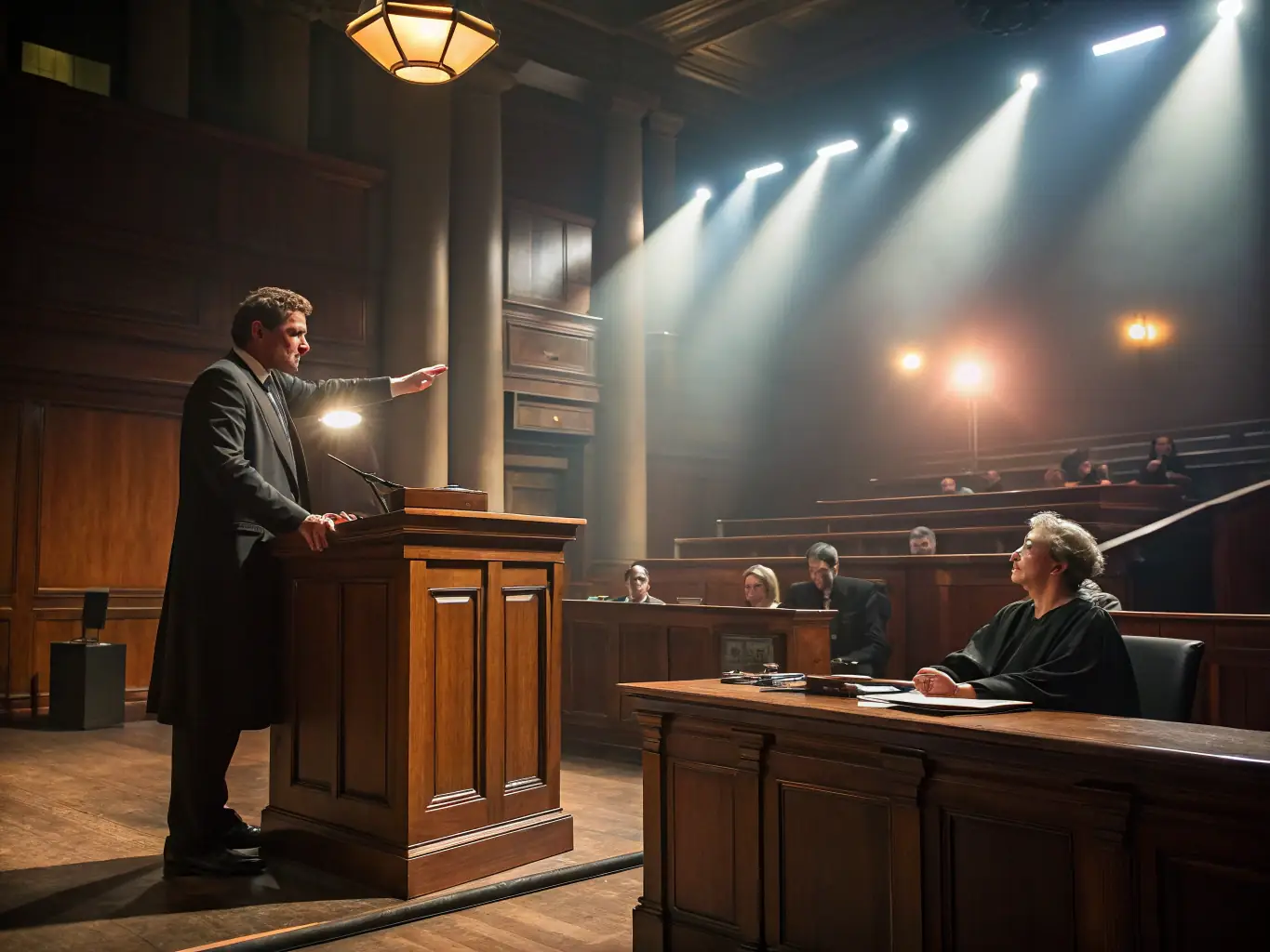 A lawyer confidently speaking with a client in a courtroom setting, illustrating criminal defense.