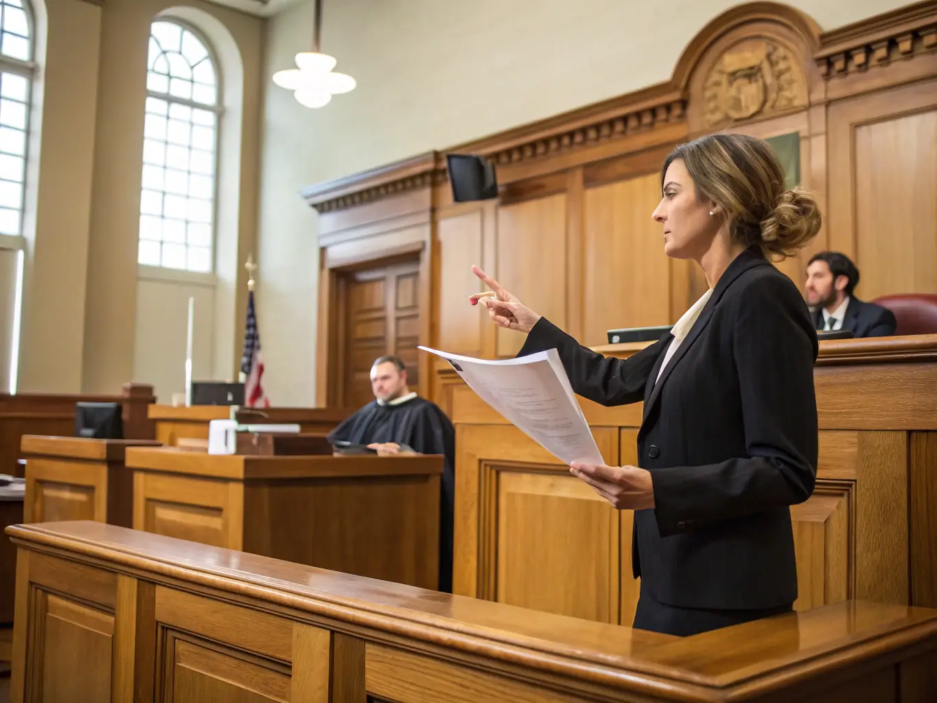 An image of a courtroom with a diverse group of clients and a lawyer presenting a case, symbolizing civil rights advocacy.