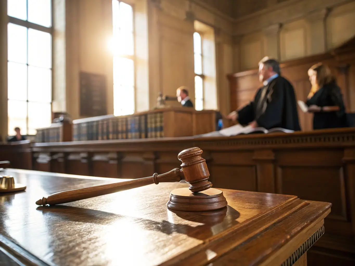 A gavel striking a sound block in a courtroom, symbolizing criminal defense and the pursuit of justice.