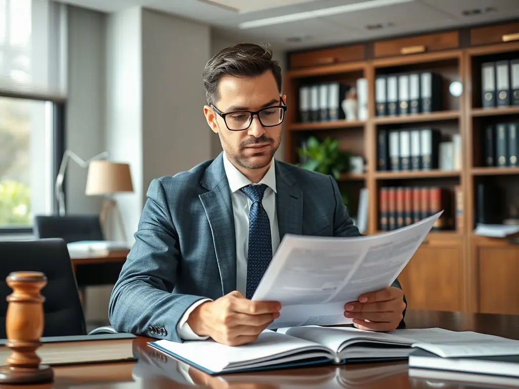 A professional lawyer in a suit, standing confidently in a modern law office, symbolizing expertise in legal services.